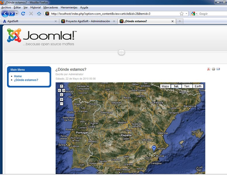 AjpdSoft Montar un servidor web y un sitio web en un equipo con Windows 7 con AppServ y Joomla - Aadir seccin en nuestro sitio web Joomla Dnde estamos con el servicio Google Maps!