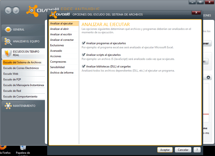 Las opciones de configuracin de avast! Free Antivirus 5.0