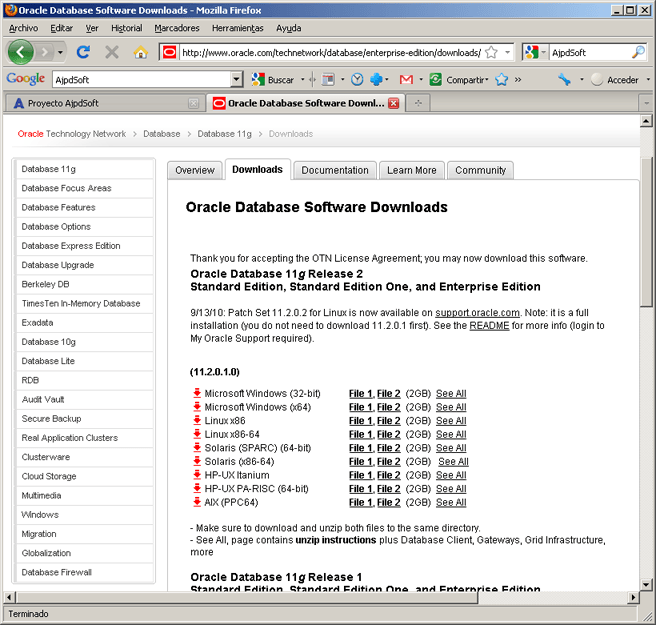 Descarga y descompresin de Oracle Database 11g Release 2 Enterprise Edition 64bits para Microsoft Windows