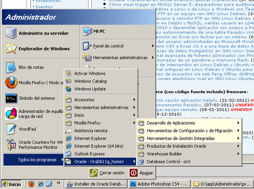 Administracin de Oracle 11g, procesos, servicios, accesos directos que instala en Windows Server 2003