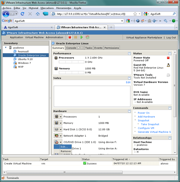 AjpdSoft Crear y preparar la máquina virtual en VMware Server para Oracle Enterprise Linux